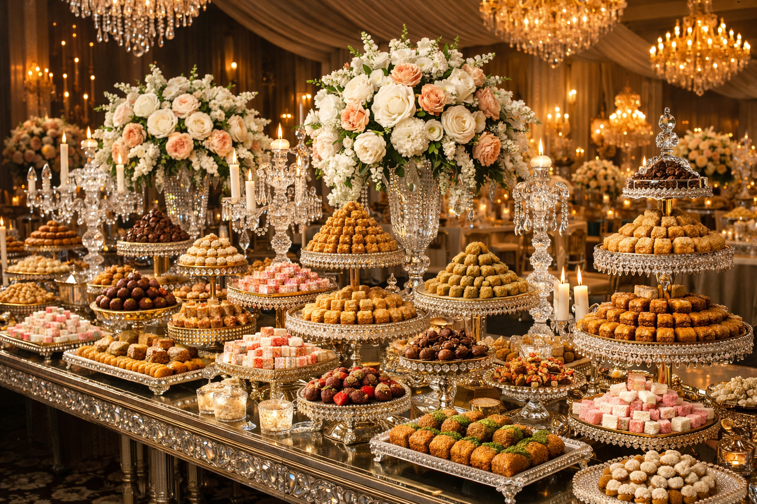 Buyuk etkinlik icin genis tatli masasi duzenlemesi