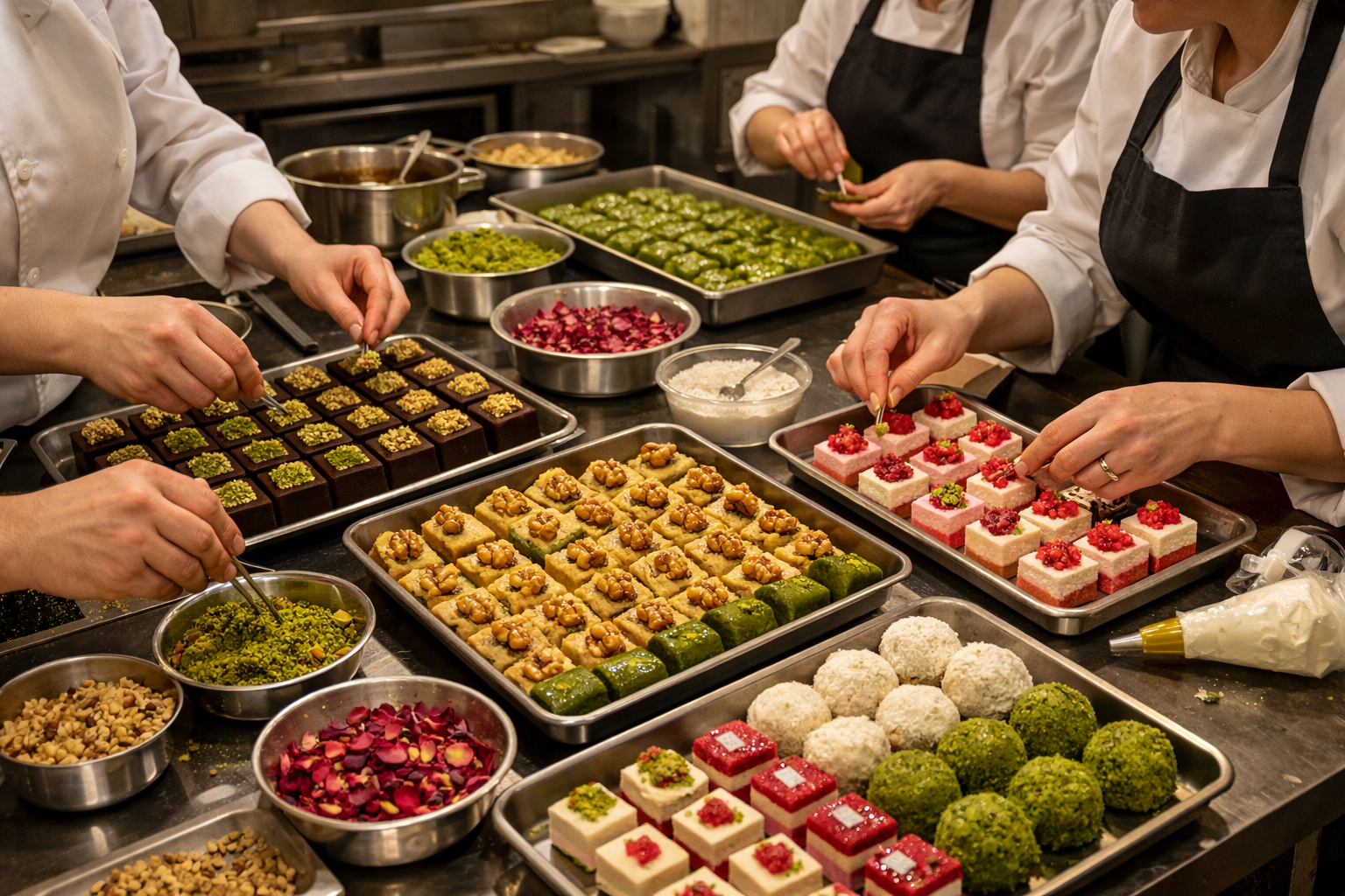 Tatli masasi hazirligi sirasinda ekip calismasi