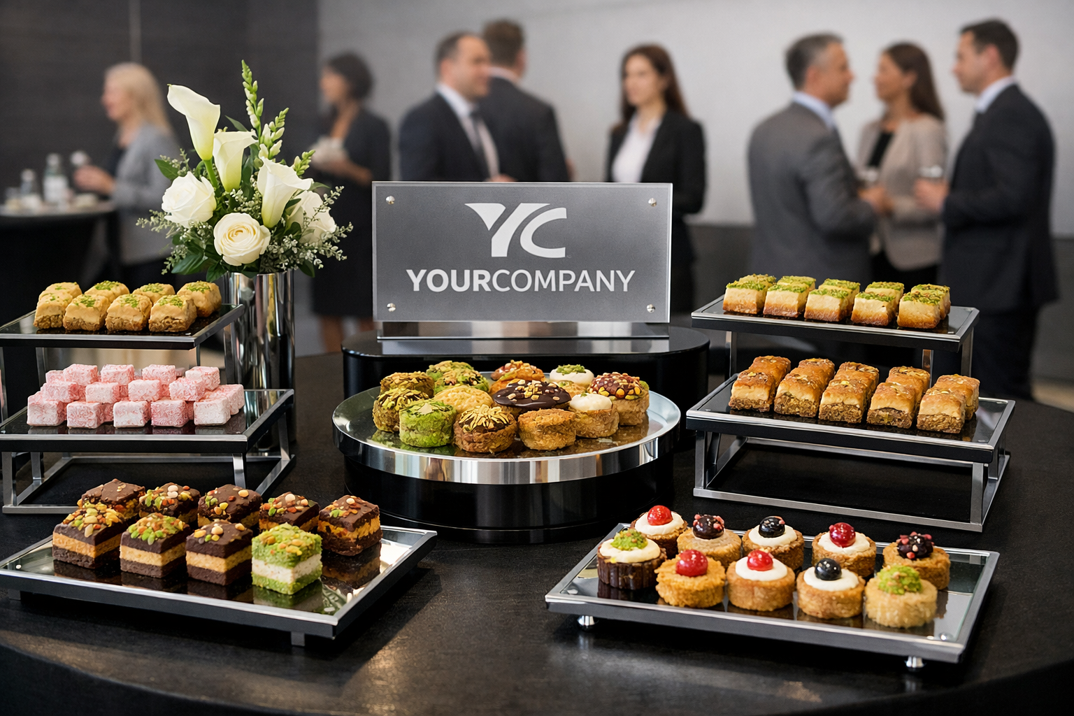 Kurumsal etkinlikte profesyonel tatli masasi sunumu